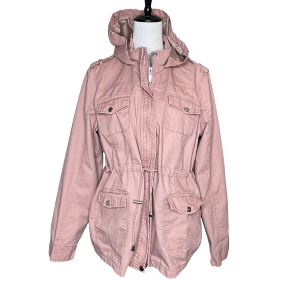 Outer Edge Women's Pink Utility Canvas Windbreaker Jacket w/Drawsting Hoodie XL - Picture 1 of 8